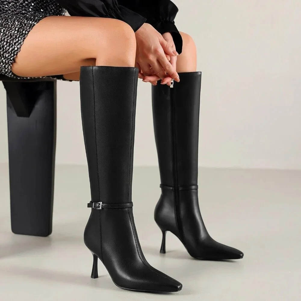 Women's Black Low Heel With Side Zipper Tall Boots Fall Winter Knee High Boots